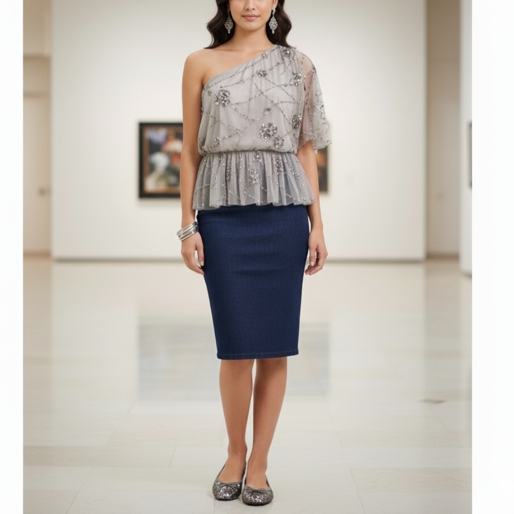 Adrianna Papell One Shoulder Beaded Top - Gray